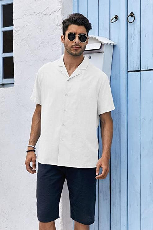 Men's Short Sleeve Cotton Linen Camp Shirt - Casual Summer Beachwear in White
